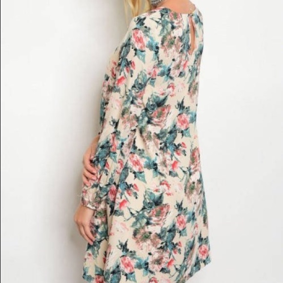 Cream Floral Long Sleeve Shift Dress - Picture 3 of 5